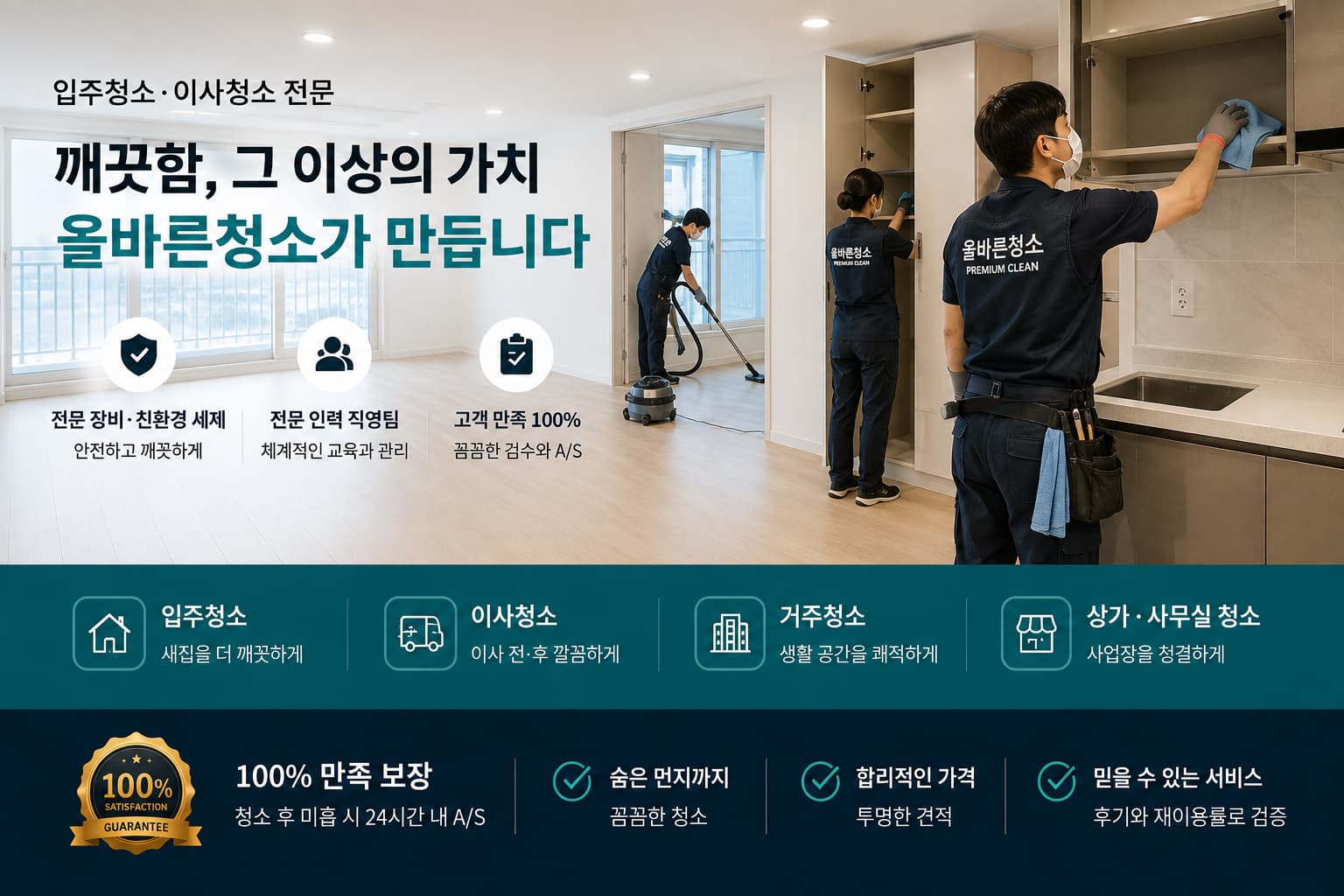 입주청소 작업 현장에서 전문 장비로 청소하는 모습